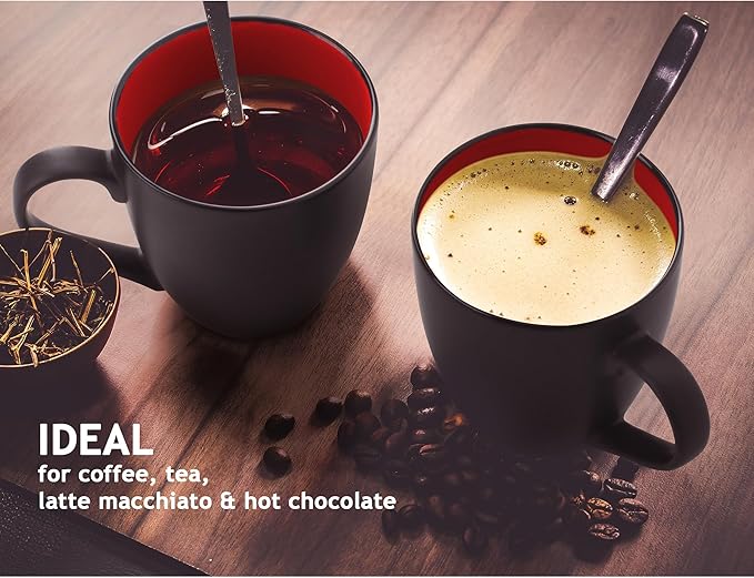 MIAMIO - Set of 6 Stoneware Coffee Mugs 12 Ounce/Cup Set - Le Papillon Collection (Black-Red)