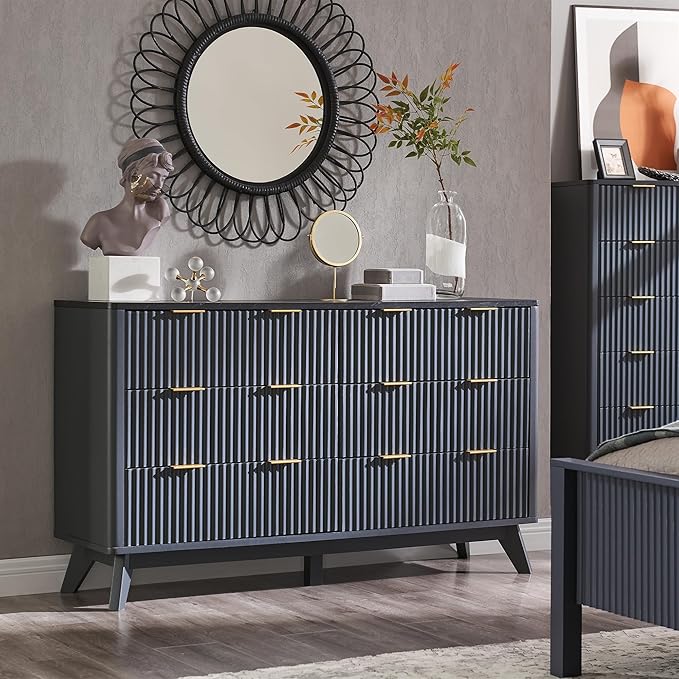 T4TREAM Fluted 6 Drawers Dresser, 54" Wide Modern Chest of Drawers with Faux Marble Top, Curved Profile Design, Dresser TV Stand, Wood Drawer Organizer for Bedroom, Living Room, Hallway, Dark Grey