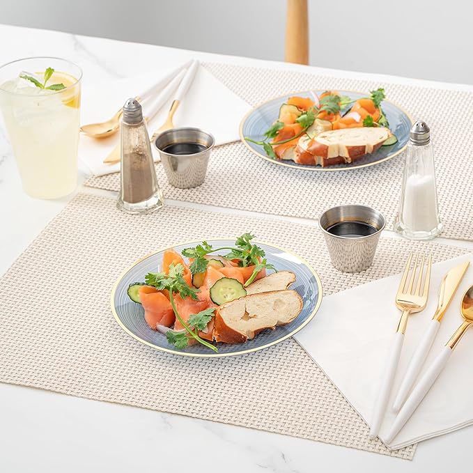 Restaurantware Plastic Plates 20 Pcs 7.25" Gold Rimmed Disposable Plates Heavy-Duty Blue Translucent Rippled Plastic Dinner Servers for Party, Weddings, Salads, Desserts, and Appetizers