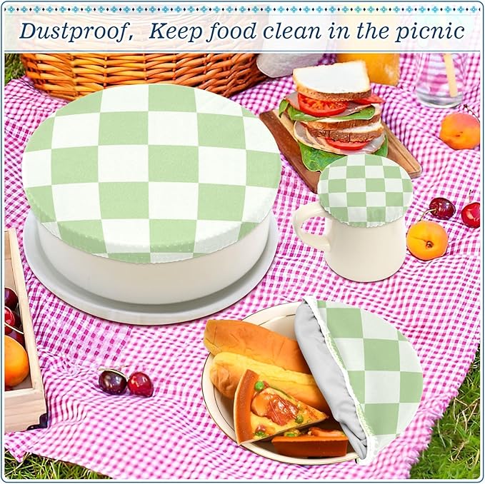 5 Pcs Bowl Covers Reusable in 5 Size Elastic Food Cover Cloth Lids Fresh Keeping Dish Cookware Bakeware Fabric Covers Lids for Food Leftovers Fruits Storage Checkered Mint Green White