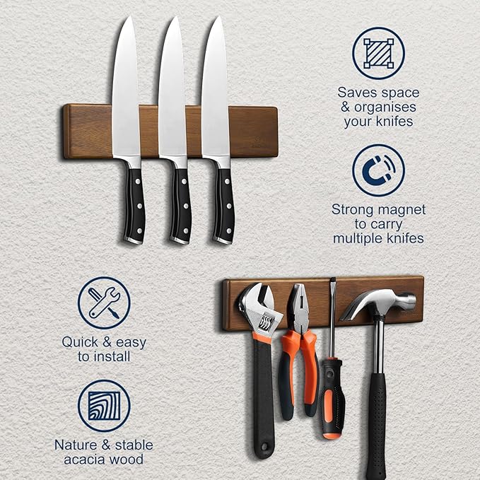 Magnetic Knife Strips, Magnetic Knife Holder for Wall 10 Inch, Acacia Wood Knife Magnetic Strip Use as Knife Bar, Knife Holder for Kitchen Utensil Organizer, Without hooks