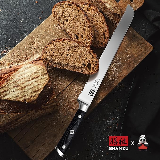SHAN ZU 10" Bread Knife - Sourdough Slicing Knife Professional German 1.4116 Stainless Steel Serrated Blade, Ergonomic Wood Handle & Full Tang Design, Gift Box Included (Single-Edge
