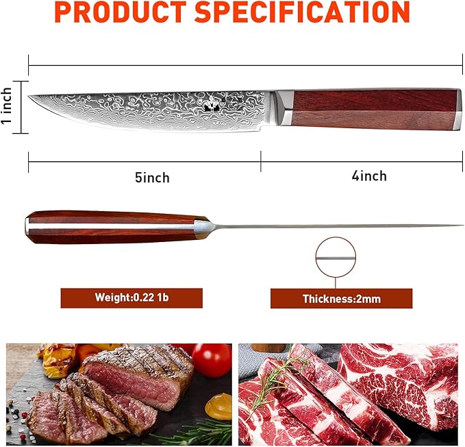 Steak Knives Set of 4 with In-Drawer Knife Block, 5 inch Damascus Steak Knife Set VG-10 Damascus Super Steel 67-Layer Non Serrated Steak Knives with Natural Wood Handle, Gift Box