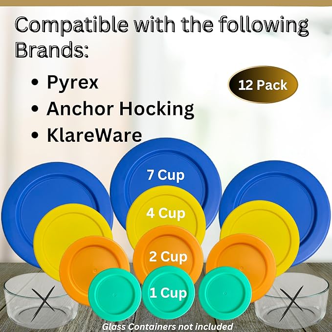 1, 2, 4 & 7 Cup Green, Orange, Yellow, Blue Replacement Lids/Covers for Pyrex, Anchor Hocking & KlareWare Storage Bowls *Lids Only Glass Container Not Included* (12 Pack *Three of Each Size*)