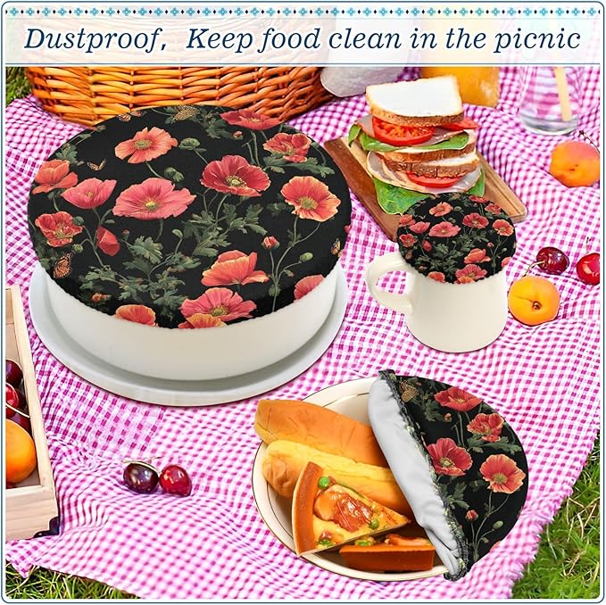 5 Pcs Bowl Covers Reusable in 5 Size Elastic Food Cover Cloth Lids Fresh Keeping Dish Cookware Bakeware Fabric Covers Lids for Food Leftovers Fruits Storage Black Poppy Butterfly