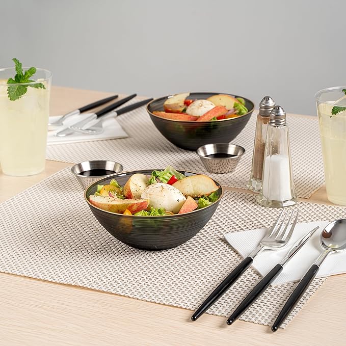 Restaurantware Plastic Bowls 20 Pcs 16 oz Gold Rimmed Disposable Soup Bowls Heavy-Duty Black Translucent Rippled Dinnerware Containers for Party, Desserts, Salads, Snacks, and Catering