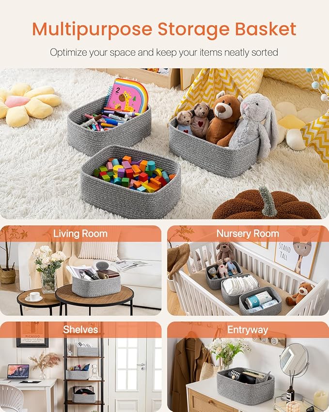 Small Woven Basket, 13.5 x 9.5 x 5 Inches, Storage Basket for Organizing, Cute Small Rope Shelf Closet Cube Storage Bins Baskets for Shelves, Dog Toy Gift Baskets Empty, 3 Packs, Mixed Grey