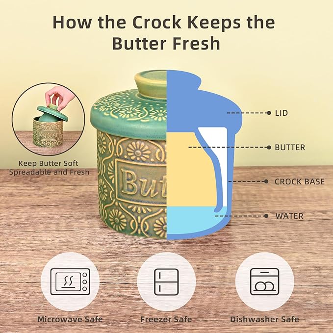 Butter Crock, Ceramic French Butter Dish with Lid for Countertop, Butter Keeper with Water Line for Fresh Spreadable Butter (Vintage Green)