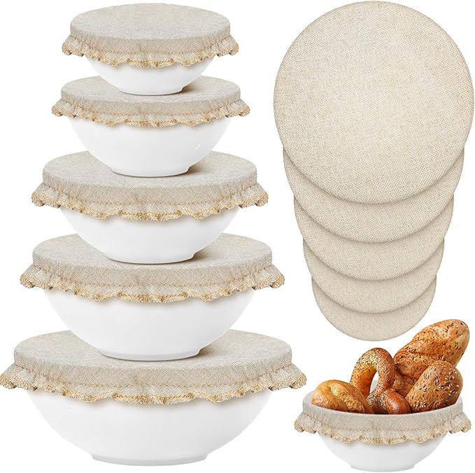 Patelai 10 Pcs Bowl Covers Reusable in 5 Size Stretch Cloth Fabric Elastic Food Storage Bowl Covers Bread Sourdough Lids for Proofing Food Fruits Leftover(Beige Style)
