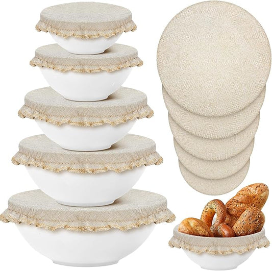 Patelai 10 Pcs Bowl Covers Reusable in 5 Size Stretch Cloth Fabric Elastic Food Storage Bowl Covers Bread Sourdough Lids for Proofing Food Fruits Leftover(Beige Style)