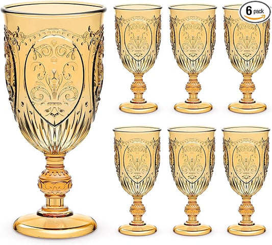 6 Pcs Plastic Goblets 7.5oz Vintage Goblet Plastic Wine Glasses Colored Retro Embossed Water Goblets for Wine Bar Juice Baby Shower Wedding Reception Grand Event Party (Amber)