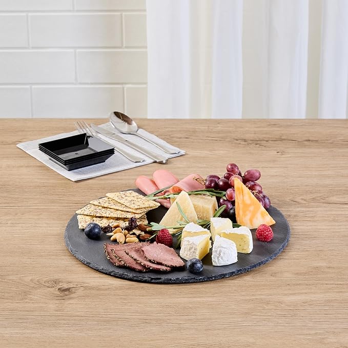 Restaurantware Slate Serving Tray 1 Pack of 11.81" Foam Feet Charcuterie Stone Plate Rustic Edges Freezable Black Square Serving Display Cheese Board for Kitchen, Gourmet, Dining, Parties
