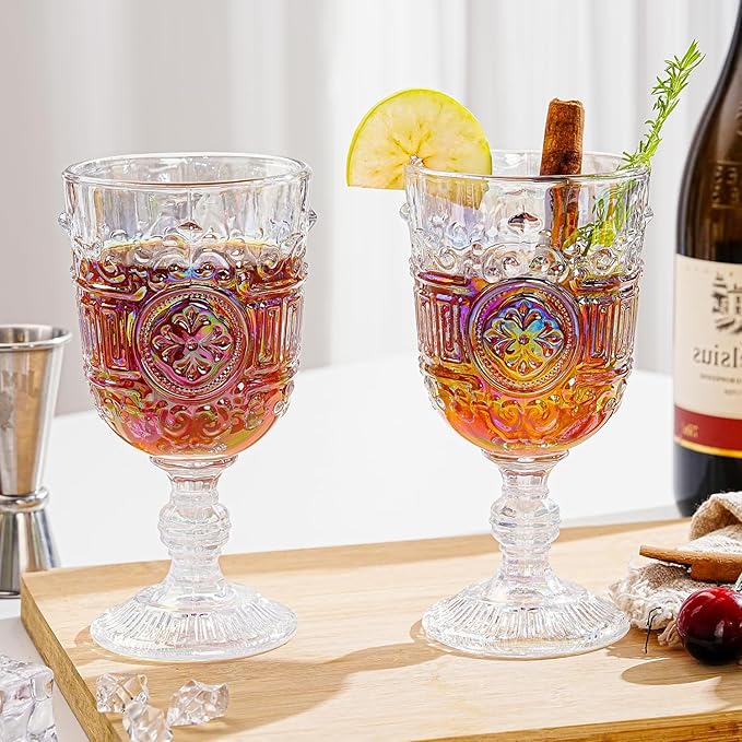 Sungmor Vintage Iridescent Wine Glasses – Set of 2 Embossed Goblets, 10 oz Decorative Glassware for Wine, Water, or Cocktails – Elegant Clear Drinking Glasses, Wedding & Party Drinkware