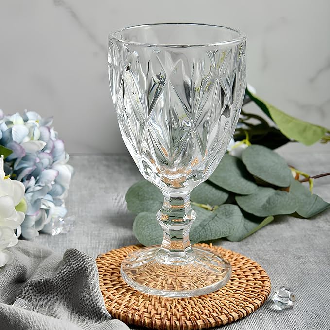 SOUJOY 6 Pack Glasses Goblet, 10oz Vintage Embossed Glass Cup, Beverage Stemmed Party Wine Glasses for Soda, Juice in Bars, Restaurants, Home