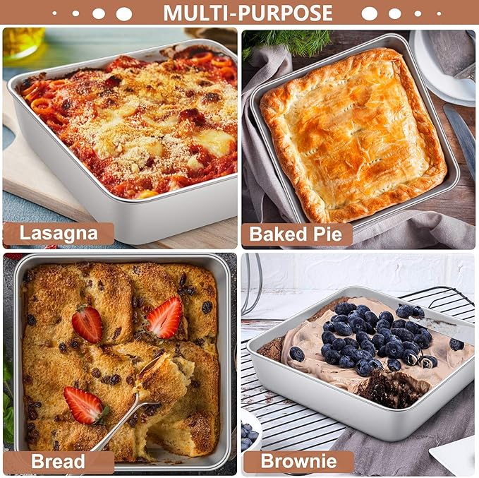 LIANYU 2 Pack 8 x 8 Inch Square Cake Pan, Stainless Steel Baking Lasagna Brownie Bread Pan, Square Bakeware for Birthday Party Wedding, Oven & Dishwasher Safe