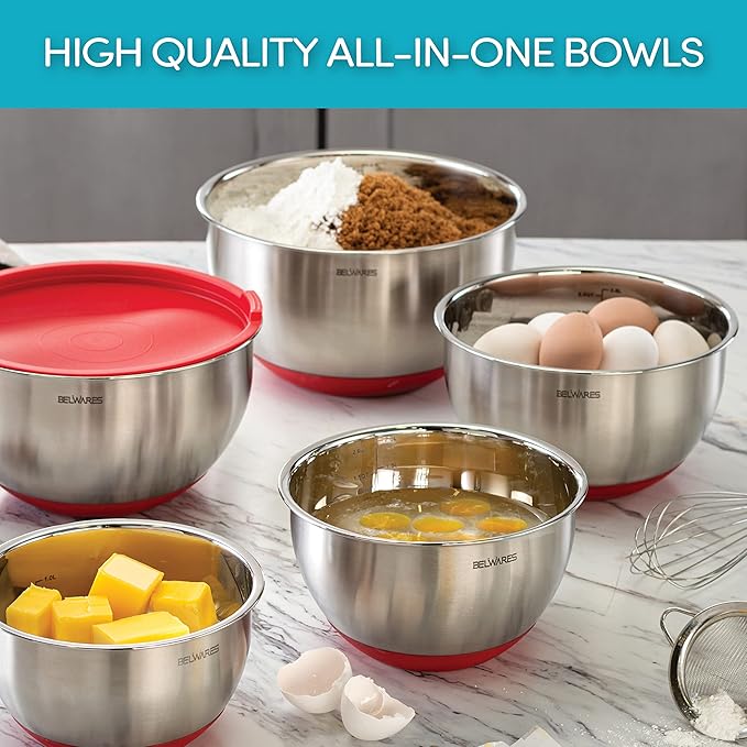 Belwares Mixing Bowls with Lids Set - Nesting Bowls with Airtight Lids + Graters - Stainless Steel Non-Slip Mixing Bowl for Baking, Food Storage and Prepping (Red, 5-Piece Set)