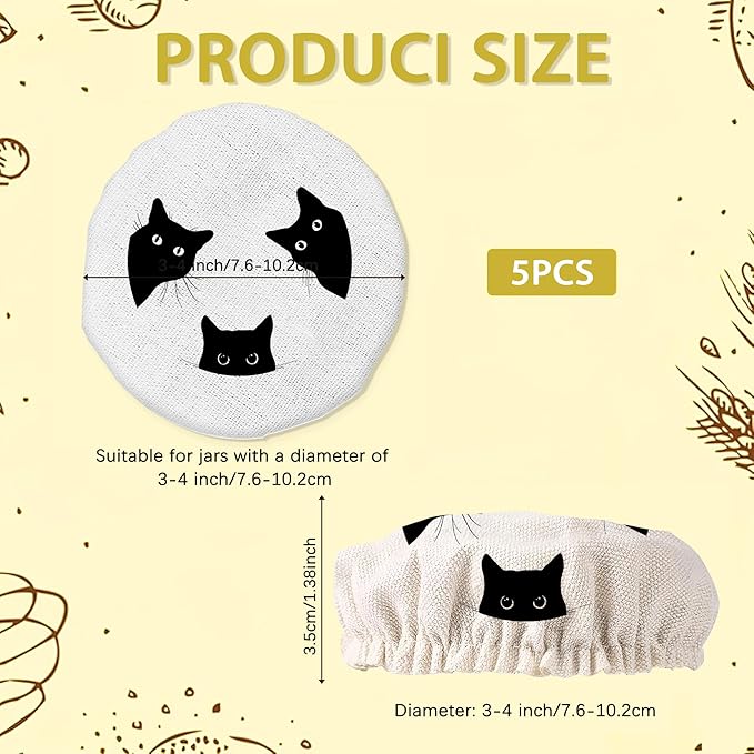 Cute Black Cat Sourdough Starter Jar Covers Reusable,Breathable Fabric Lids for Mason Jars,Wide Mouth and Regular Mouth(5 Pack)