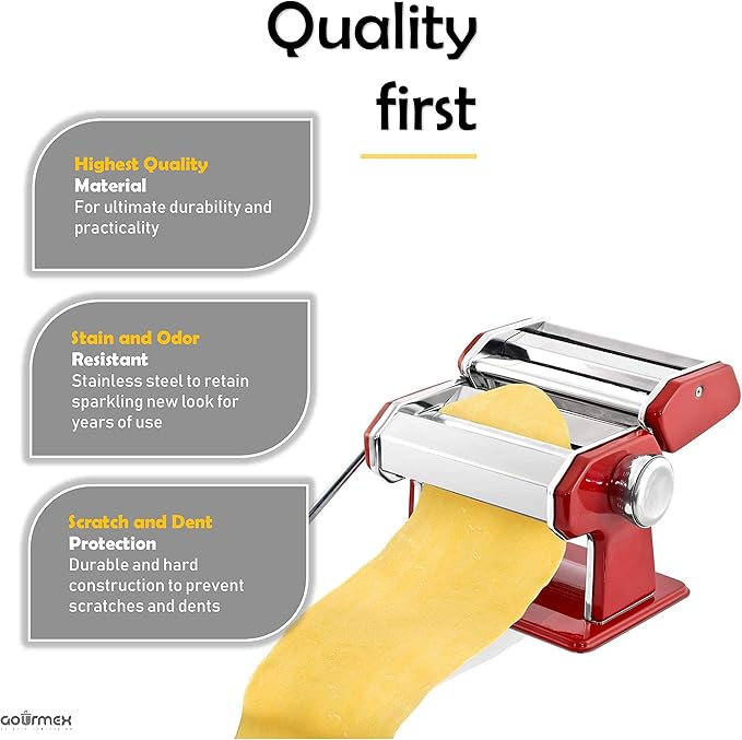 GOURMEX Stainless Steel Manual Pasta Maker Machine | With Adjustable Thickness Settings | Perfect for Professional Homemade Spaghetti and Fettuccini | Includes Removable Handle and Clamp (Red)