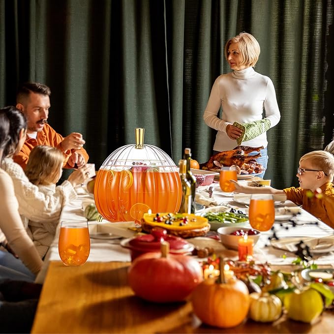 Meanplan 1.3 Gallon Thanksgiving Plastic Punch Bowl Set with 6 Clear Plastic Cups and 1 Ladle Pumpkin Shaped Punch Bowl Fall Harvest Kitchen Decoration for Fall Autumn Party Supplies