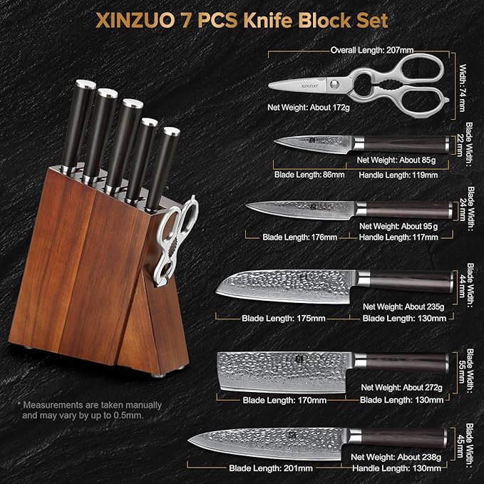 XINZUO Damascus 7-Piece Kitchen Chef Knife Block Set,Professional Sharp Cutting Knife Set with Block,Pakkawood Handle,Chef Gift Box
