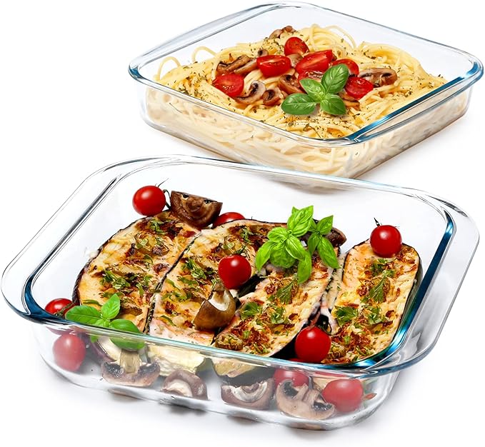 NUTRIUPS (1.7QT+2.4QT) Square Glass Baking Dish Set,2 Piece Square Glass Baking Pan (8.2x8.2 & 9x9 Inches)