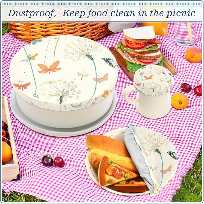 5 Pcs Bowl Covers Reusable in 5 Size Elastic Food Cover Cloth Lids Fresh Keeping Dish Cookware Bakeware Fabric Covers Lids for Food Leftovers Fruits Storage Dandelion Flowers and Dragonfly