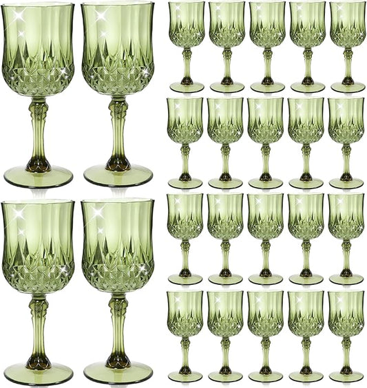 24 Pcs Plastic Green Wine Drinking Glasses, Plastic Water Goblets Green Vintage Reusable Drinkware Vintage Champagne glassware for Wedding Reception Grand Event Party, 7oz