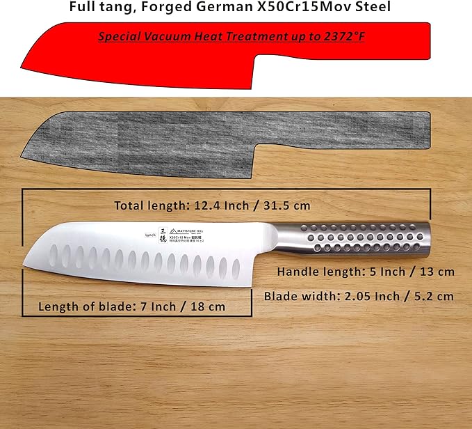 Santoku Knife - MATTSTONE HILL 7" Hollow Edge Asian Knife, Chef Knife, Kitchen Knife, German Steel, 304 Stainless Steel Handle