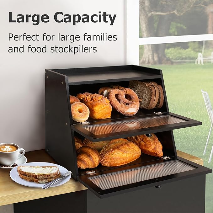 Pure Bamboo Bread Box, Roomy Bread Storage Container, Keeps Homemade Bread Fresh and soft, Easy to Assembly Breadbox for Kitchen Countertop