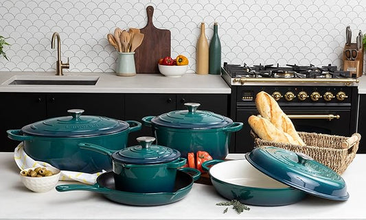 Larder & Vine 9 Piece Enameled Cast Iron Cookware Set, Oven Safe and Compatible with all Cooktops – includes 3.6 Qt Braiser, 5.7 QT and 8 QT Dutch Ovens, 10.25in Skillet and 2.2 QT Saucepan (Bondi)
