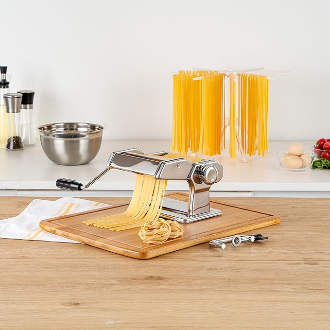 Met Lux Pasta Maker Machine, 1 Pasta Maker With 2 Cutter Attachments - 9 Adjustable Thickness Settings, 5 Piece Set, Stainless Steel Manual Machine, For Fettuccine, Spaghetti