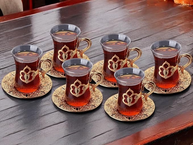 Alisveristime (SET OF 6) Turkish Tea Set with Zamac Holders, Glass Cups, and Saucers, 100ml Capacity, Elegant Serving Set in Gold and Silver (Harman) (Gold)