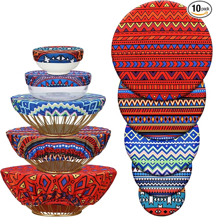 Patelai 10 Pcs Bowl Covers Reusable in 5 Size Stretch Cloth Fabric Elastic Food Storage Bowl Covers Bread Sourdough Lids for Proofing Food Fruits Leftover(Fresh Style)