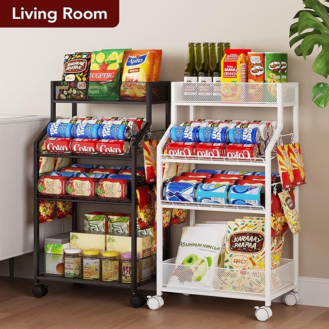 Can Organizer for Pantry - Rolling Snack Cart, Multi-Layer Soda Can Organizer for Pantry, Mobile Beverage Storage Rack with Wheels, Versatile Metal Shelf for Kitchen and Office, Black