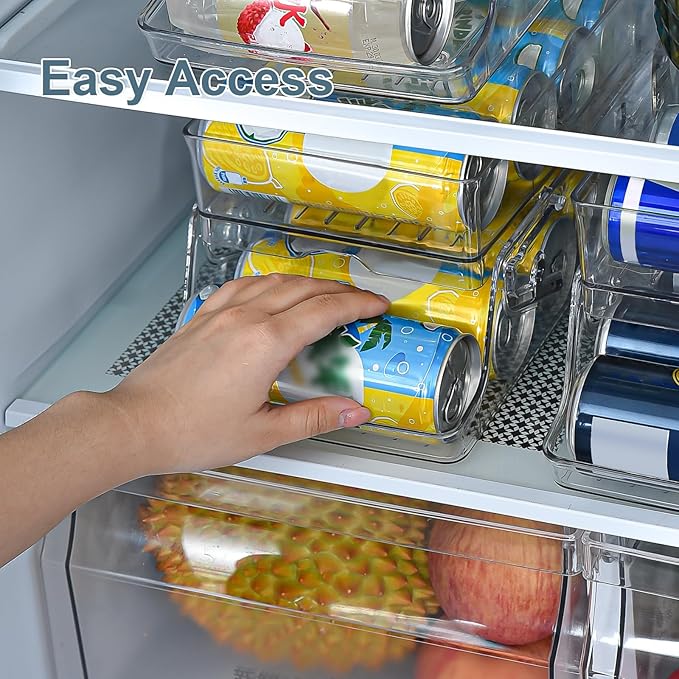 2 PCS Soda Can Organizer for Refrigerator & Pantry, Double Space Saving Auto-Rolling Stacking Can Dispenser, Fits Skinny/Standard/Tall Cans, Clear Fridge Can Holder Storage for Kitchen, Office