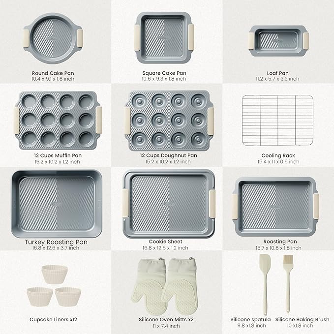 Kikcoin 25 PCS Stackable Baking Pans Set, Non-stick Bakeware Sets with Silicone Handles, 450°F Oven Safe Cookie Sheets for Baking, Easy Release Heavy-duty Baking Sheets Non Stick, Cream