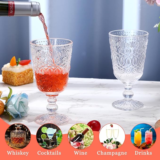 Eaasty Wine Glasses Set of 12 Vintage Goblet 9 oz Vintage Colored Glass Goblet Beverage Stemmed Glass Cups Romantic Embossed Glassware for Wedding Party Holidays Anniversary (Clear)