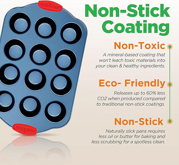 NutriChef 6-Piece Bakeware Set - Nonstick Carbon Steel Baking Pans with Red Silicone Handles, Blue Coating, Durable & Stain-Resistant, Perfect for Baking Cakes, Muffins, Cookies (Blue)