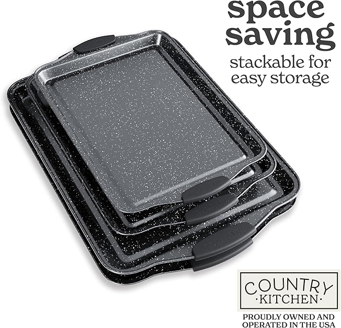 Country Kitchen Nonstick Stackable Bakeware Set - Heavy Duty, Durable, Easy Release Baking Set, Black, 4 Pcs