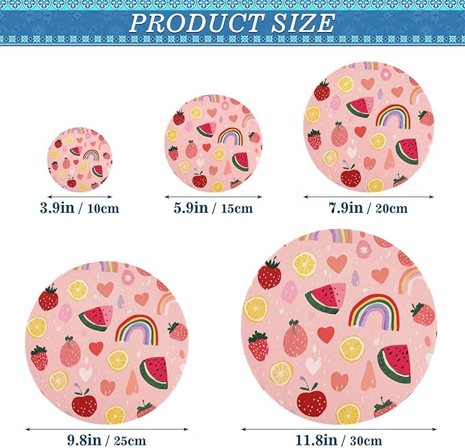 5 Pcs Bowl Covers Reusable in 5 Size Elastic Food Cover Cloth Lids Fresh Keeping Dish Cookware Bakeware Fabric Covers Lids for Food Leftovers Fruits Storage Pink Rainbows and Fruits Slices