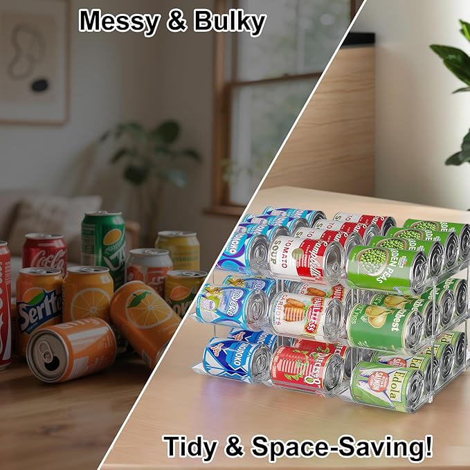 cjc Can Organizer for Pantry, Clear Can Organizer for Fridge, Automatic Rolling Soda Pantry Organizers for 36 Cans, Stackable Storage Rack for Kitchen Cabinet (3 Sets 3 Tiers)