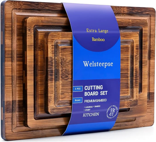 Bamboo Cutting Boards, (Set of 3) with Juice Groove, Bamboo Wood Cutting Board Set for meat, fruit and cheese