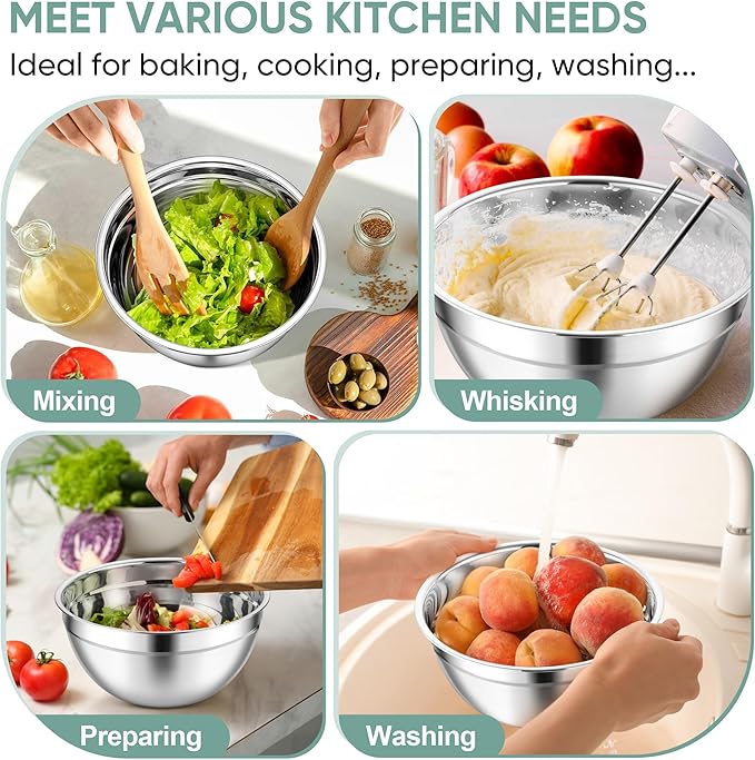 TeamFar Mixing Bowls, 3PCS Stainless Steel Serving Salad Bowls with Lids & 3 Graters, For Kitchen Mixing/Baking/Storing/Prepping, Visible & Airtight, Easy Clean - 4.5/3 / 1.5 QT, Black