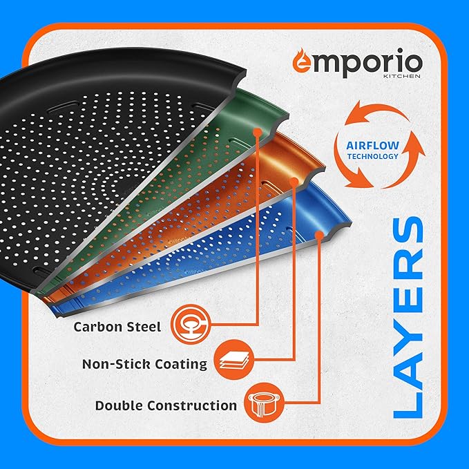 Pizza Baking Pan - 15.75-Inch Round Perforated Carbon Steel Tray with Non-Stick Coating, Dishwasher Safe, Oven Safe (Up To 450° F), Airflow Design, PFOA, PFOS, PTFE Free, Gray