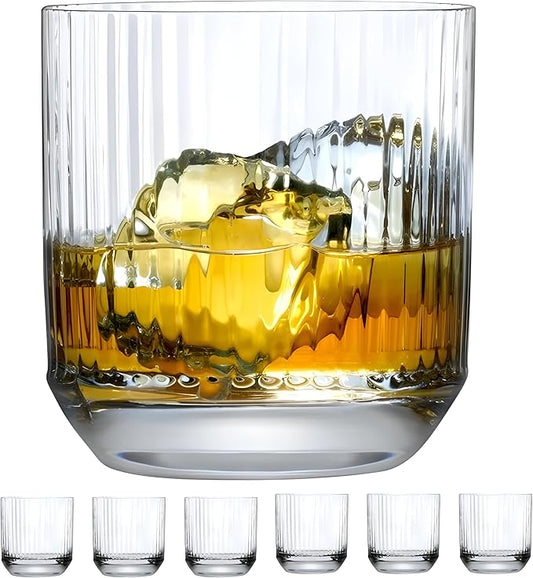 NUDE Whiskey Glasses Set of 6 DOF – 10.75 oz Premium Lead-Free Crystal Old Fashioned Rocks Glasses for Whisky, Scotch & Bourbon – Etched Linear Pattern, Dishwasher Safe Barware