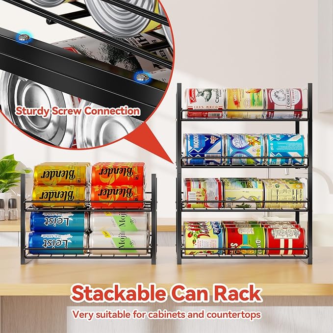 SUFAUY Stackable Pantry Can Organizers and Storage, Holds Up to 60 Cans, 2 Pack Soda Food Can Storage Rack Dispenser, Black