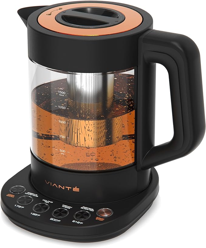 Vianté Electric Kettle With Infuser For Loose Leaf. Hot Tea Maker With Temperature Control And Automatic Shut Off. Tea Kettle With Brewing Programs. 1.5 Liters Capacity | Black Color