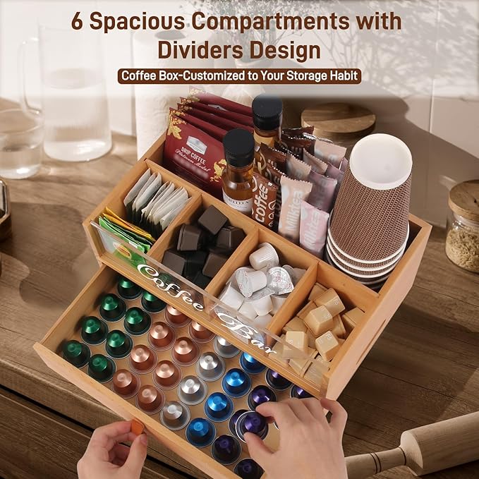 2-Tier Coffee Bar Organizer with Clear Acrylic Top, Built-in Drawer and Leather Handle Pull for Countertop, Stylish Coffee Station Storage Box for Accessories, Pods, Great Gifts for Home