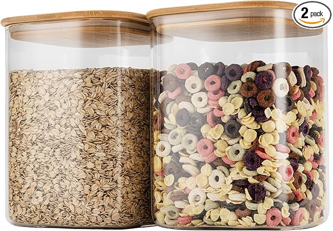 122oz Airtight Glass Square Storage Canister with Bamboo Lid Set of 2(3600ml*2) Large Storage Container Gallon Glass Jars, for Sugar, Flour, and Coffee bean (with Black Lable)