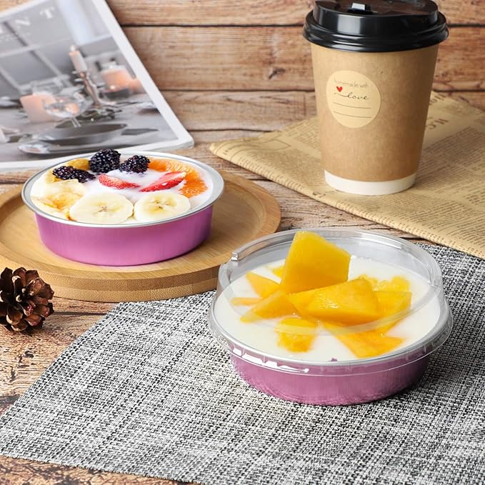 Beasea Mini Pie Pans with Lids, 4 Inch 50 Pack Disposable Aluminum Tart Pans, 8 Oz Pink, Round Oven Baking Mini Cake Pan for Pie Tart Quiche